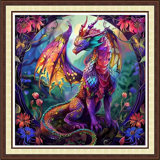 Joycasa Stamped Cross Stitch Kits for Beginners Full Range of Cross Stitching 11 CT Printed Cross Stitch Kit for Adults Cross-Stitch Patterns Needlepoint Kits-Flower Dragon 18x18 inchs