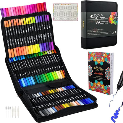 NextG Ideaz Dual Tip Brush Art Marker Pens, 80 Unique Bright Color, Water-Based Ink, Fineliner & Brush Tip Pens for Arts Lovers Coloring Drawing Book, Calligraphy Writing, Sketching and Doodling