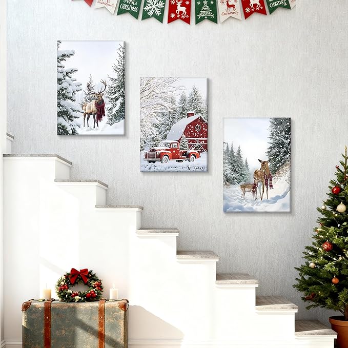 WENGTIAO Christmas Canvas Wall Art 3Pcs Winter Snowy Forest Prints Posters Red Truck Cabin Paintings Reindeer Pictures Vintage Xmas Artwork for Living Room Bedroom Bathroom Office 16”x24”x3