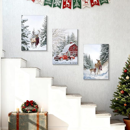 WENGTIAO Christmas Canvas Wall Art 3Pcs Winter Snowy Forest Prints Posters Red Truck Cabin Paintings Reindeer Pictures Vintage Xmas Artwork for Living Room Bedroom Bathroom Office 16”x24”x3