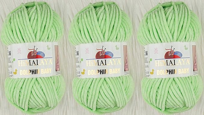 3 Skein/Pack Himalaya Dolphin Baby Chenille Yarn, Each Ball 100 gr (3.5 oz), 120 m (132 Yards), 100% Polyester, Super Bulky Baby Blanket Velvet Amigurumi Yarn, 80350 - Light Green