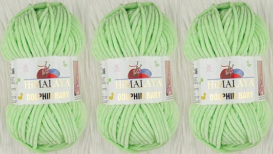 3 Skein/Pack Himalaya Dolphin Baby Chenille Yarn, Each Ball 100 gr (3.5 oz), 120 m (132 Yards), 100% Polyester, Super Bulky Baby Blanket Velvet Amigurumi Yarn, 80350 - Light Green
