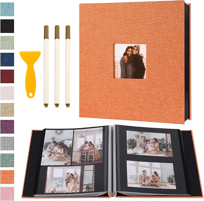 Self Adhesive Photo Album Black Pages Scrapbook Magnetic Photo Albums for 4x6 5x7 8x10 Pictures Books with Sticky Pages with A Metallic Pen for Baby Family Wedding 13.2x12.8 Orange 120 Pages
