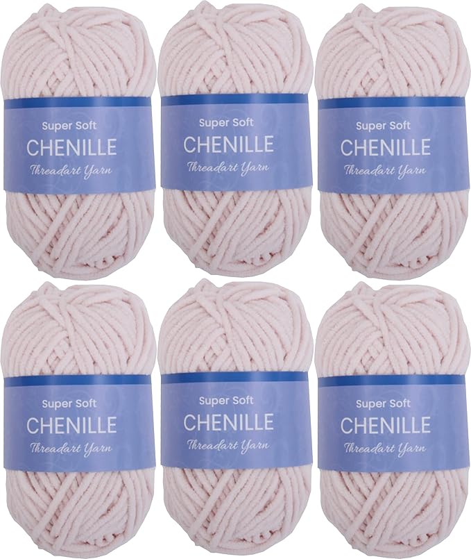 6 Pack ThreadArt Chenille Yarn for Crocheting, Knitting, Amigurumi, Super Soft Plush Velvet Yarn - 50 Gram 60 yds #5 Fluffy Yarn Skeins - Blush Pink 04