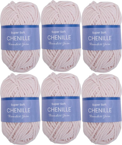 6 Pack ThreadArt Chenille Yarn for Crocheting, Knitting, Amigurumi, Super Soft Plush Velvet Yarn - 50 Gram 60 yds #5 Fluffy Yarn Skeins - Blush Pink 04