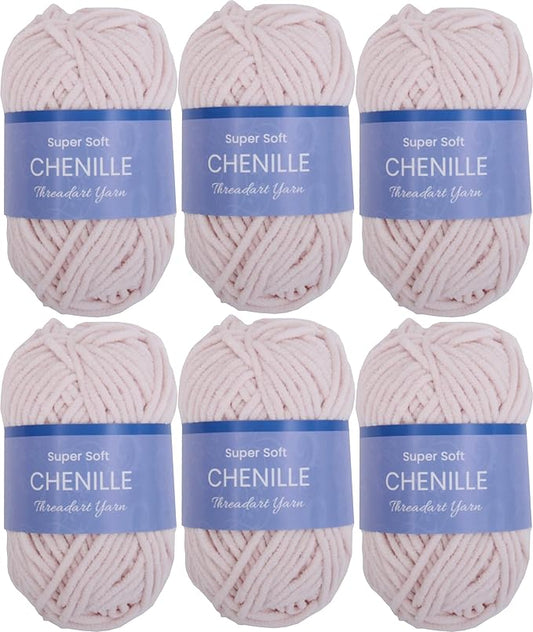6 Pack ThreadArt Chenille Yarn for Crocheting, Knitting, Amigurumi, Super Soft Plush Velvet Yarn - 50 Gram 60 yds #5 Fluffy Yarn Skeins - Blush Pink 04