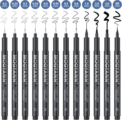 Mogyann Drawing Pens Black Art Pens for Drawing 12 Size Waterproof Ink Pens for Artists Sketching, Manga, Writing