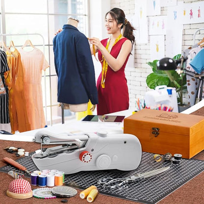 Handheld Sewing Machine with Exquisite Wooden Storage Box & 142-Piece Sewing Kit - Electric Switch, Dual Power Supply, Assorted Needles, Threads, Heavy Duty Scissors - Meets All Household Sewing Needs