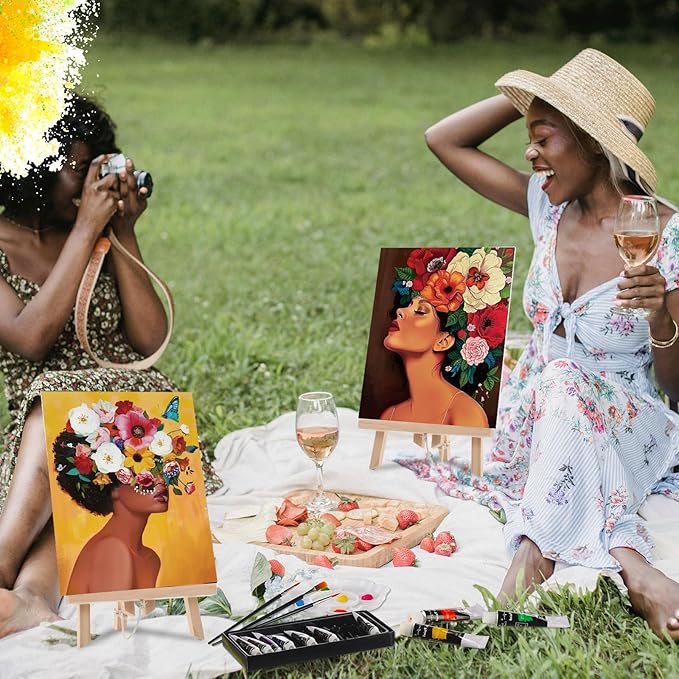 Ctosree 72 Pcs Flower Lady Paint and Sip Kit for Adults 8'' x 10'' Pre Drawn Canvas for Painting DIY Pre Printed Canvas for Party Favor Afro Acrylic Painting Kit Wood Easel Brushes Date Night Bulk