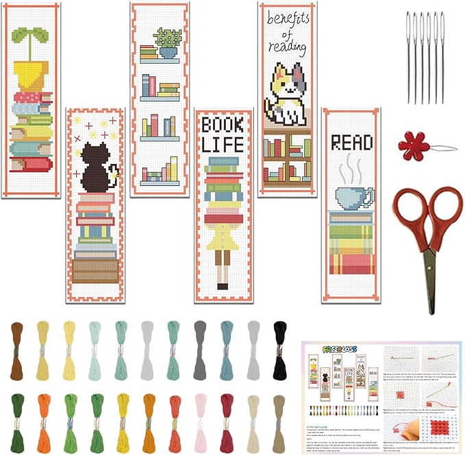 FREEBLOSS 6 Set Cross Stitch Bookmark Kit Cross Stitch Kit Cute Stamped Embroidery Bookmark with Instruction for Adults DIY Stitching Kits 8''x2.4''