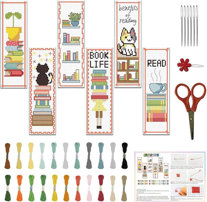 FREEBLOSS 6 Set Cross Stitch Bookmark Kit Cross Stitch Kit Cute Stamped Embroidery Bookmark with Instruction for Adults DIY Stitching Kits 8''x2.4''