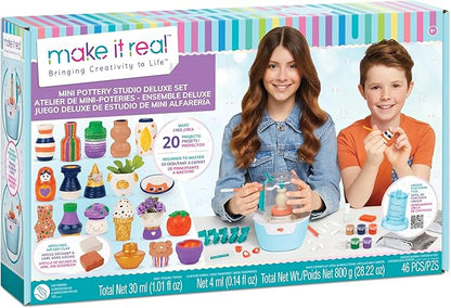 Make It Real: Mini Pottery Studio Deluxe Set - DIY All-in-1 Sculpting Craft Kit, All Skill Levels, Miniature Clay Projects, Kids Girls & Tweens Age 8+