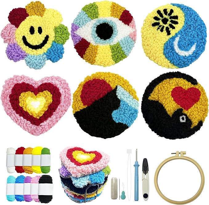 SEREDH Punch Needle Coasters Kit for Beginners Adults Easy Needle Punch Embroidery Kit Set Threader Instruction Fabric Hoop Yarn Tufting Coaster DIY Making,Coaster Holder Coaster Art Craft Supplies