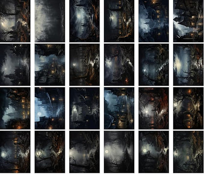 Large Stickers 24 pcs (2.5"x3.5" Each) Sinister Landscapes of Creepy Graveyards at Night Vintage Halloween Postcards Retro Greeting Card Book Illustration Reprint