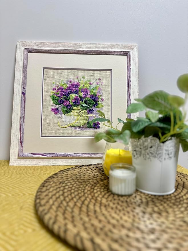 RIOLIS - Violets in a Pot 2091, Cross Stitch Kits 8¾" x 8¾", Cross Stitch Kits for Adults, Floral Counted Cross Stitch Kits, Embroidery Kit for Beginners & Advanced, Crossstitching Kits