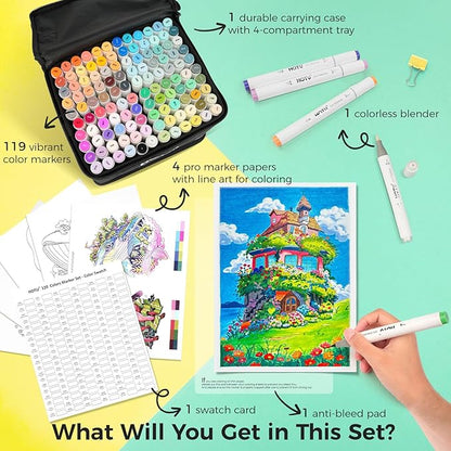 HOTU 120 Colors Alcohol Markers, Dual Tip Brush & Chisel for Adult Coloring Books No Bleed Alcohol-Based Art Markers Set with Case, Blender Anti-Bleed Pad for Illustration Sketching