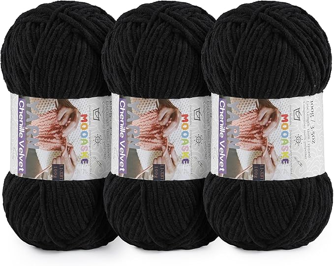 3 * 100g Chunky Yarn for Crocheting and Knitting - Easy to Use Plush Chenille Super Bulky Yarn 393yds - Ultra Soft Velvet Baby Blanket Yarn for Beginners & Amigurumi Projects, Black