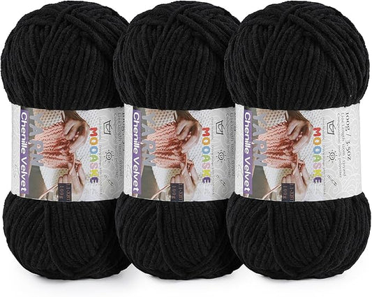 3 * 100g Chunky Yarn for Crocheting and Knitting - Easy to Use Plush Chenille Super Bulky Yarn 393yds - Ultra Soft Velvet Baby Blanket Yarn for Beginners & Amigurumi Projects, Black