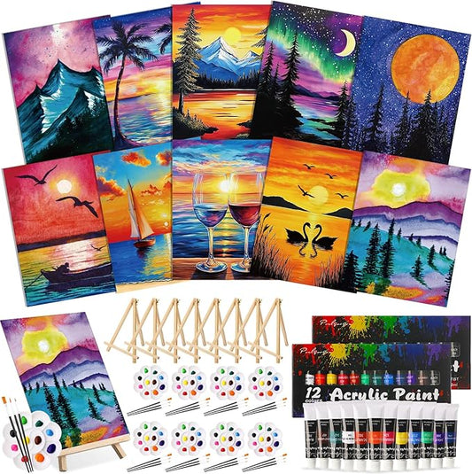 Ctosree 72 Pcs Colorful Sky Paint and Sip Kit for Adults 8'' x 10'' Pre Drawn Canvas for Painting DIY Pre Printed Canvas for Party Favor Afro Acrylic Painting Kit Wood Easel Brushes Date Night Bulk