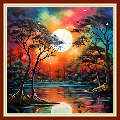 Disxvivy Cross Stitch Stamped Full Embroidery Kits DIY 11CT Cotton Thread Printed DIY Needlepoint Kits Craft Needlework Set Cross-Stitch Stamped Sets-Moonlit Night 18x18 inch