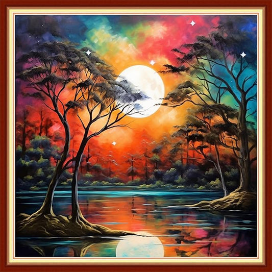 Disxvivy Cross Stitch Stamped Full Embroidery Kits DIY 11CT Cotton Thread Printed DIY Needlepoint Kits Craft Needlework Set Cross-Stitch Stamped Sets-Moonlit Night 18x18 inch