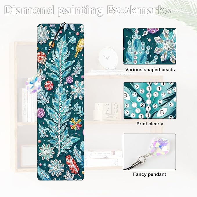 4 Pcs DIY 5D Diamond Painting Bookmark Kits, Special Shaped Acrylic Crystal Rhinestones Book Marks, Feather Diamond Art Bookmarks Crafts with Crystal Pendant, Handmade Tassel Bookmarks Gift Set