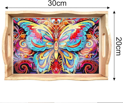 Generic FGbaby DIY 5D Colorful Butterfly Diamond Painting Wood Serving Tray with Handles Diamond Art Decorative Serving Trays Wooden Tray for Breakfast in Bed, Patio, BBQ, Coffee Table, Party
