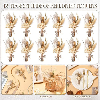 Nuanchu 12 Pcs Mini Dried Flower Bouquet 6" Natural Small Dried Flower with Stem for Birthday DIY Crafts Scrapbook Vase Boho Party Plates Cake Bridesmaid Gifts Card Envelope Decor(Classic)