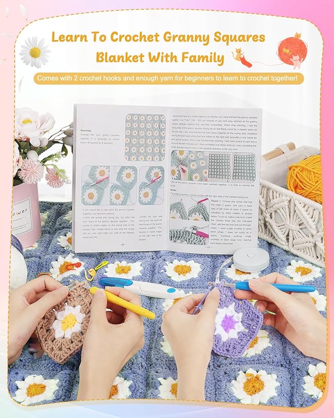 Coopay Crochet Starter Kit - Beginner's Blanket & Granny Squares Pattern, Includes Yarn & Instructions - Easy to Learn for Adults (Blue-Purple)