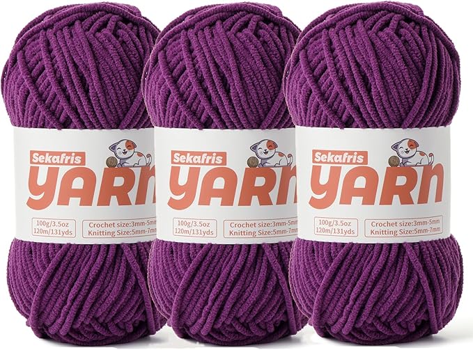 3 Pack Plush Chunky Chenille Yarn for Crocheting, Soft Fluffy Velvet Yarn for Crocheting, Fuzzy Baby Blanket Knitting Yarn, 300g/393yds Bulky Amigurumi Yarns（3 Dark Purple）