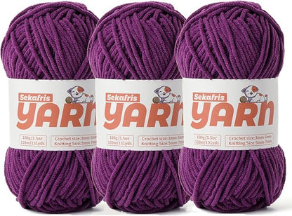 3 Pack Plush Chunky Chenille Yarn for Crocheting, Soft Fluffy Velvet Yarn for Crocheting, Fuzzy Baby Blanket Knitting Yarn, 300g/393yds Bulky Amigurumi Yarns（3 Dark Purple）