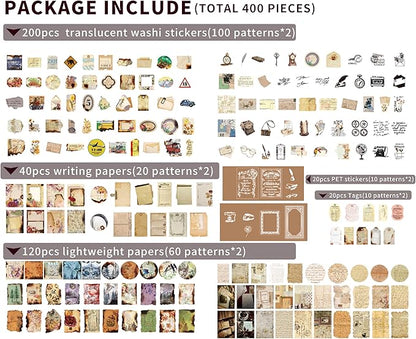 japleed 400PCS Vintage Journaling Scrapbooking Supplies Kit, Retro Aesthetic Decorative Ephemera Scrapbook Paper Stickers Material for Junk Journal Planner Diary Collage Art Craft Decoupage Album