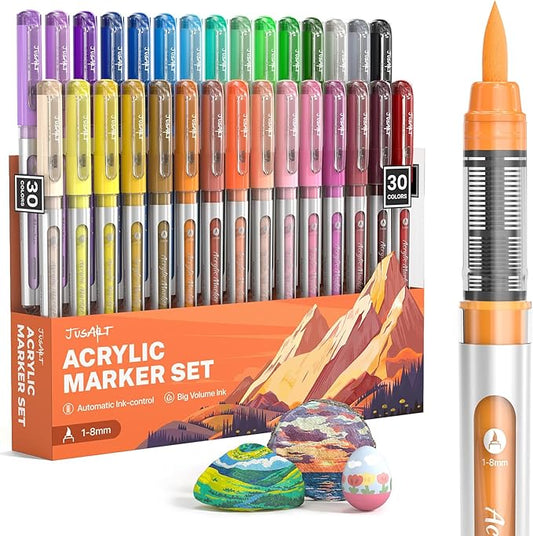 JusArt Acrylic Paint Markers Brush Tip 30 Colors, Water-Based No-Bleed Markers with Automatic Ink Control, Waterproof Acrylic Paint Pens for DIY Art & Crafts -Fabric, Rock, Wood, Glass, Ceramic, Metal