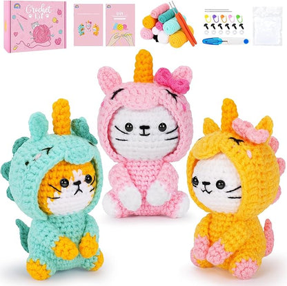Crochet Kit for Beginners - 3 PCS Unicorn Cat Crochet Kits with Step-by-Step Video Tutorials, Beginner Crochet Kit for Adults, Crochet Animal Kit for Starters, Cat Dressed as Unicorn Set