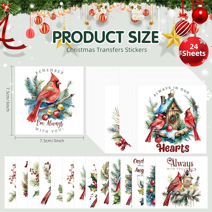 24 Sheets Vintage Christmas Rub On Transfers for Crafts, Rub On Transfers Christmas for Wood，Furniture Decals, Glass, Porcelain, Leather, Canvas, Fabric Projects,3 * 3inch(Cardinal Christmas)