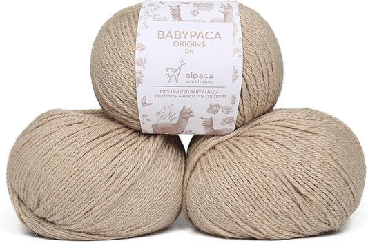 Origins - 100% Baby Alpaca Yarn Wool Set of 3 Skeins (150 Grams) DK Weight Made in Peru Natural Colors (Undyed) Heavenly Soft Perfect for Knitting and Crocheting (Silken Sand, Origins 3 Skeins DK)