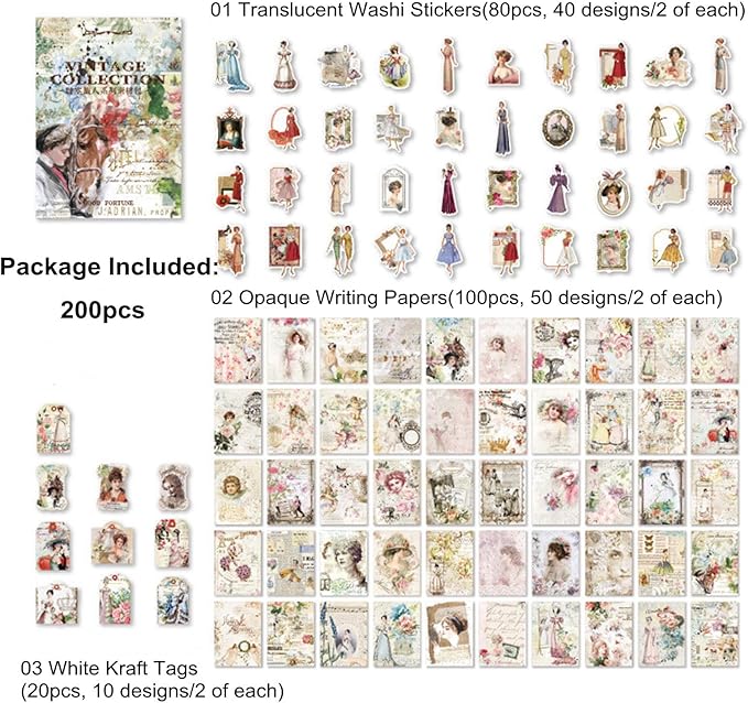 200PCS Vintage Scrapbooking Supplies Pack, Aesthetic Scrapbook Sticker Paper Art Journaling Kit for Junk Journals, Planner, Cottagecore Decor Gifts (Rose)