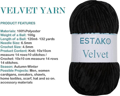 Estako Velvet Chenille Blanket amigurumi Yarn for Crocheting and Knitting Super Bulky 100 gr (132 yds) (1810 - Black)