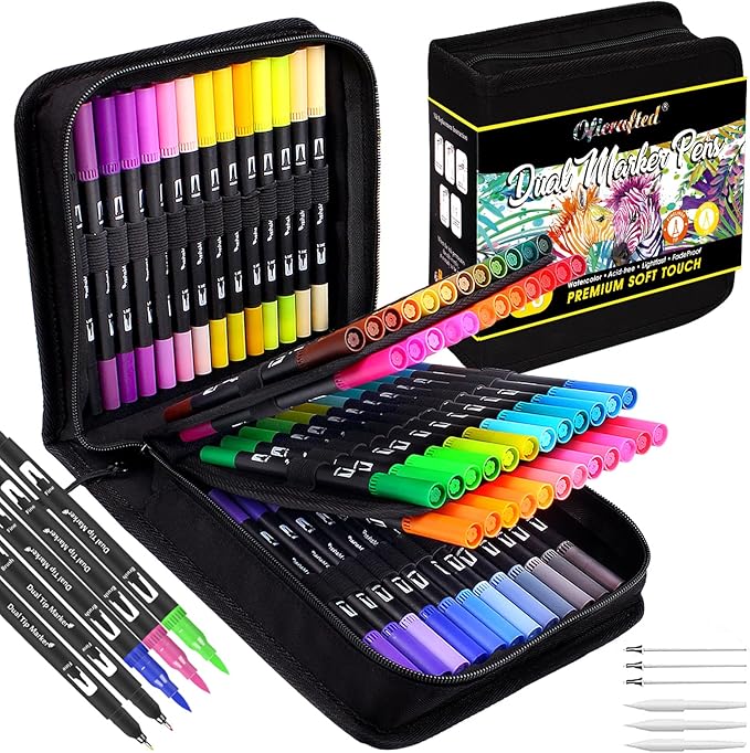 Oficrafted 76 Colors Dual Tip Brush Pens with Brush Tip and Fine Tip for Artists Adult, Coloring Markers for Adult Coloring Books Professional Marker Set for Note Taking and Lettering