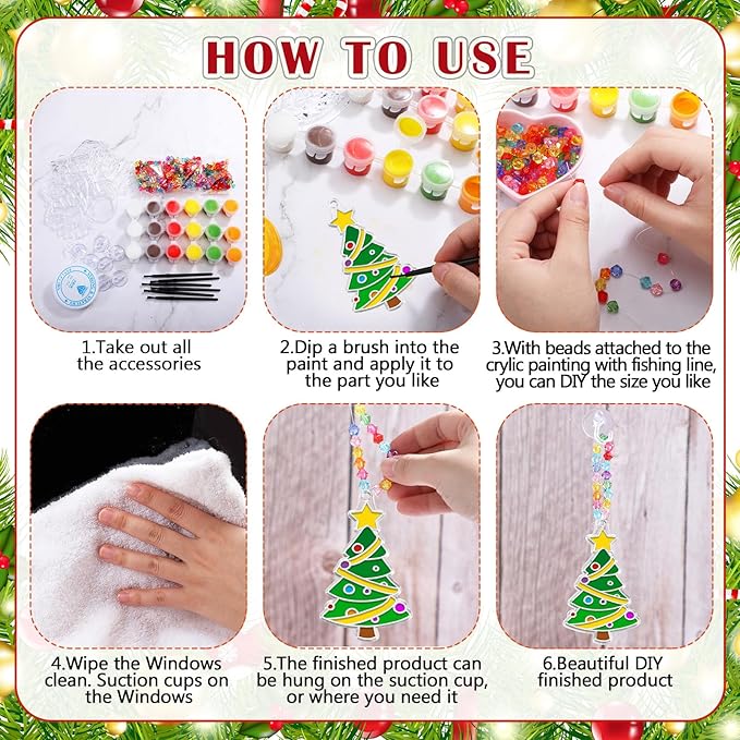 WinnerWhy 30 Sets Christmas Suncatchers Window Art Kits Xmas Santa Claus DIY Sun Catchers Crafts Bulk Paint Your Own Window Ornaments for Party Birthday Activity Home Decor