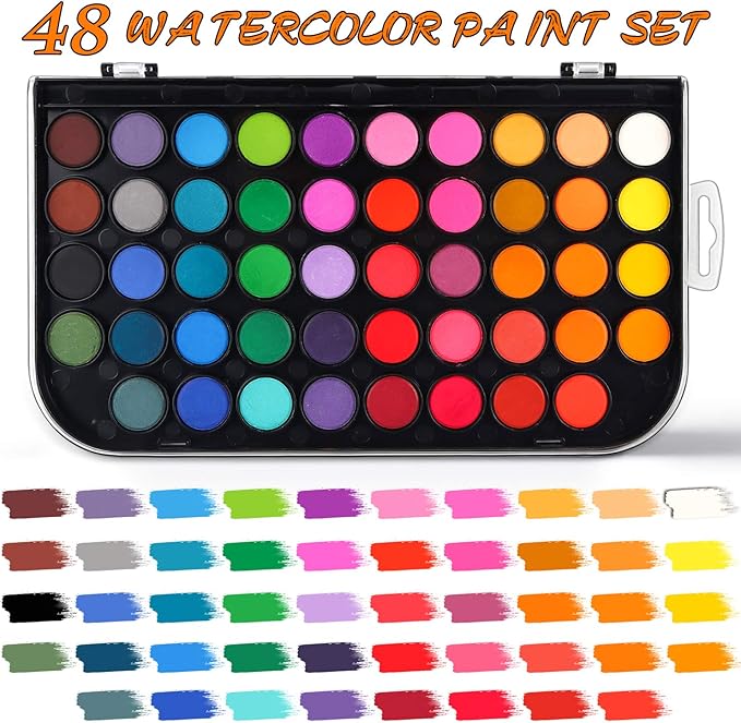 Watercolor Paint Set, 48 Color Watercolor with 10 PCS Nylon Brushes,6 PCS Refillable Water Brush Pen, 10 Page Pad(A4) and 2 PCS Art Sponges. Watercolor Paint set for Adults,Children Age 12+ and Beginners