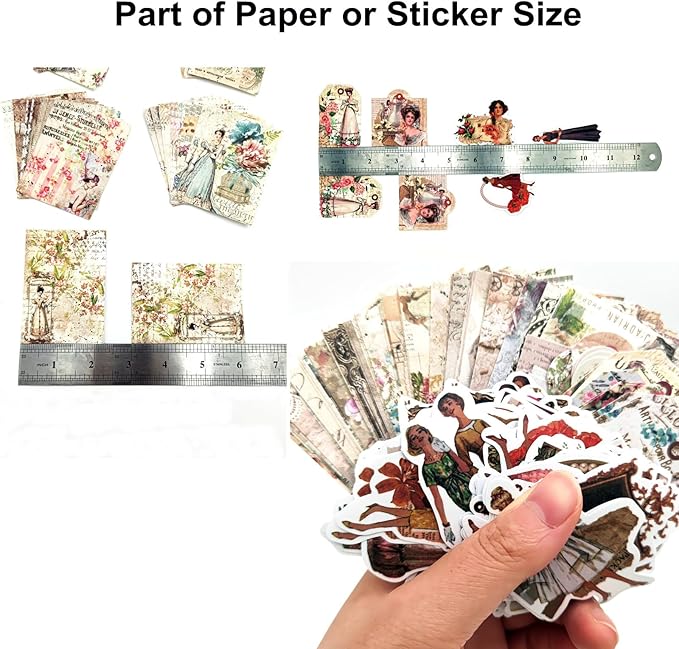 200PCS Vintage Scrapbooking Supplies Pack, Aesthetic Scrapbook Sticker Paper Art Journaling Kit for Junk Journals, Planner, Cottagecore Decor Gifts (Rose)