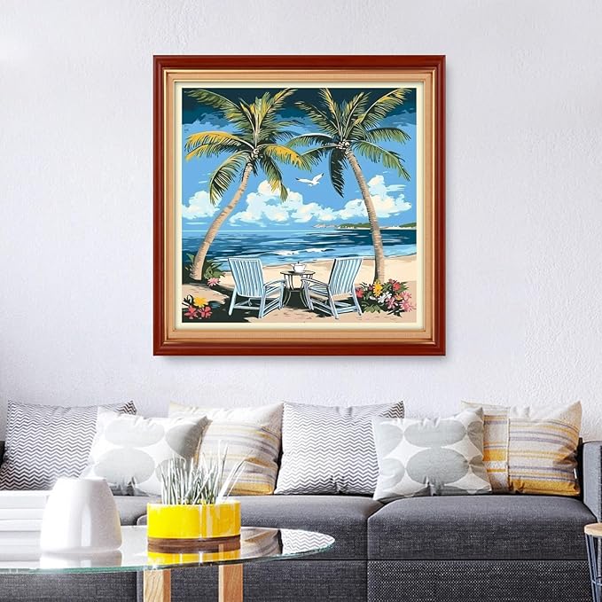 Foxhool Stamped Cross Stitch Kits,11CT Printed Cross Stitch Pattern Full Embroidery Kits for Beginner Needlepoint Kits& Beach Coconut Trees 18x18 inch
