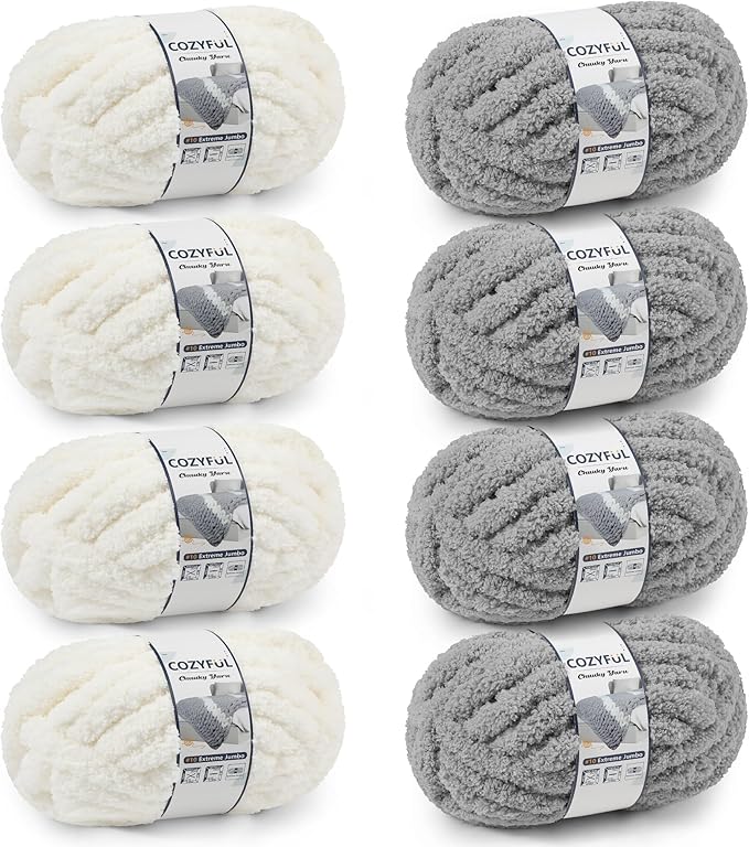 Chunky Yarn for Hand Knitting - #10 Chunky Chenille Yarn, Jumbo Big Thick Chunky Yarns for Crocheting, Super Bulky Chunky Knit Blanket Yarns, 8 Skein (25yd, 8oz/Skein), Cream & Grey