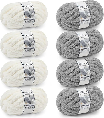 Chunky Yarn for Hand Knitting - #10 Chunky Chenille Yarn, Jumbo Big Thick Chunky Yarns for Crocheting, Super Bulky Chunky Knit Blanket Yarns, 8 Skein (25yd, 8oz/Skein), Cream & Grey