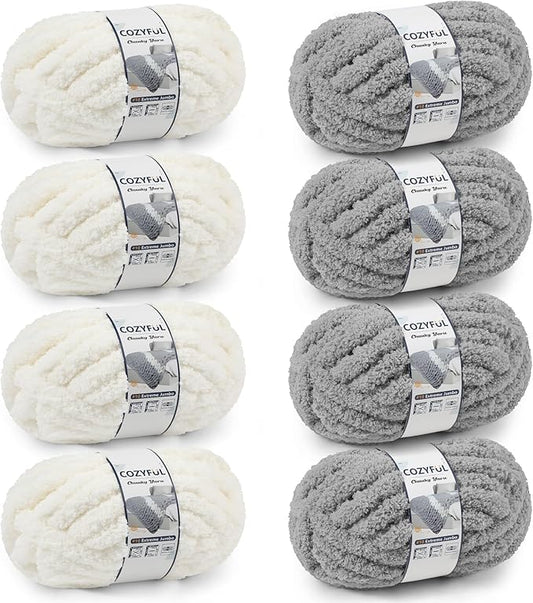 Chunky Yarn for Hand Knitting - #10 Chunky Chenille Yarn, Jumbo Big Thick Chunky Yarns for Crocheting, Super Bulky Chunky Knit Blanket Yarns, 8 Skein (25yd, 8oz/Skein), Cream & Grey