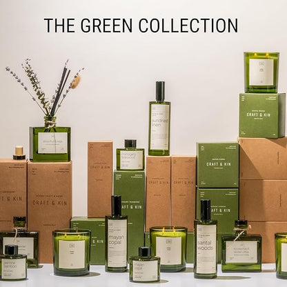 Craft & Kin Mayan Copal Reed Diffuser | All Natural Essential Oil & Rattan Scent Sticks | Winter Reed Diffusers for Home, Bathroom | Long Lasting Home Fragrance in Green Glass, 3.4oz