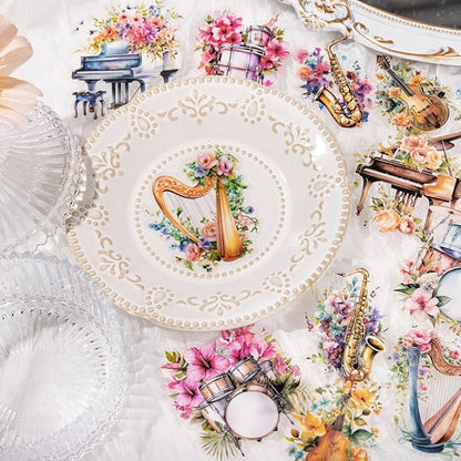 MiyouLuna 120Pcs Flowering Symphony PET Stickers, Watercolor Musical Instrument Ephemera for Scrapbooking, Journaling, and Craft Supplies