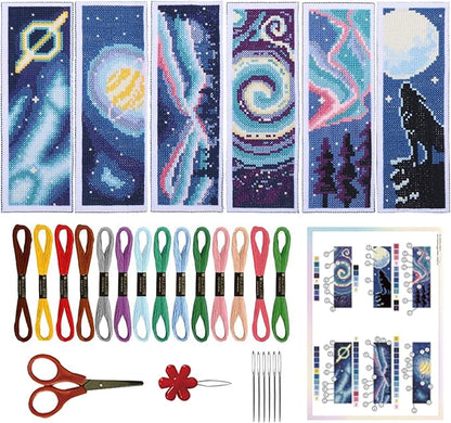 ORIGACH 6 Set Cross Stitch Bookmark Kit for Beginner Starry Sky Pattern DIY Stamped Embroidery Bookmark Kit with 20 Colors Embroidery Floss Instructions 8''x2.4''