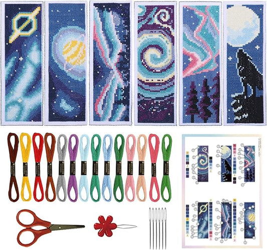 ORIGACH 6 Set Cross Stitch Bookmark Kit for Beginner Starry Sky Pattern DIY Stamped Embroidery Bookmark Kit with 20 Colors Embroidery Floss Instructions 8''x2.4''